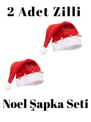 2'li Noel Baba Şapka Seti, Zilli Noel Baba Şapkası - AnneeBakk