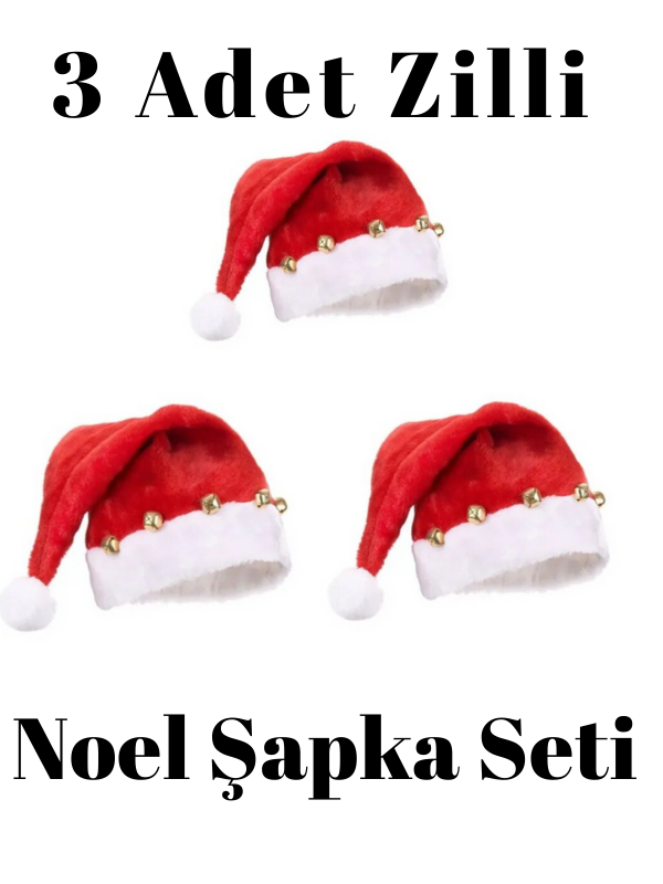 3'lü Noel Baba Şapka Seti, Zilli Noel Baba Şapkası - 1
