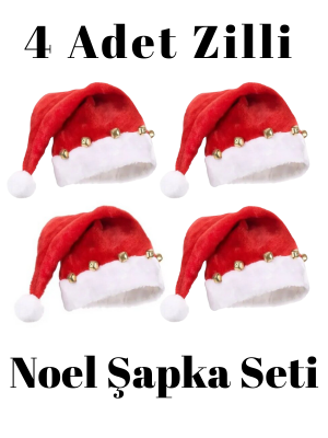4'lü Noel Baba Şapka Seti, Zilli Noel Baba Şapkası - AnneeBakk