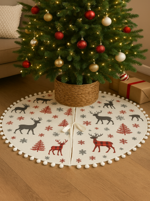 Geyik ve Çam Ağacı Baskılı Kumaş Beyaz Ponponlu, Kurdele Bağlamalı Yılbaşı Ağacı Altlığı (90 Cm Çap) - AnneeBakk