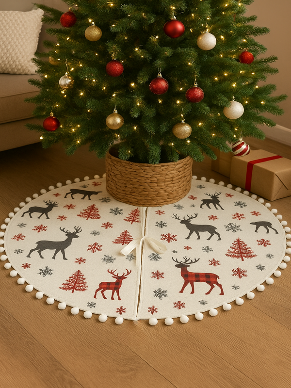 Geyik ve Çam Ağacı Baskılı Kumaş Beyaz Ponponlu, Kurdele Bağlamalı Yılbaşı Ağacı Altlığı (90 Cm Çap) - 1
