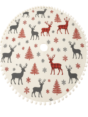 Geyik ve Çam Ağacı Baskılı Kumaş Beyaz Ponponlu, Kurdele Bağlamalı Yılbaşı Ağacı Altlığı (90 Cm Çap) - 2