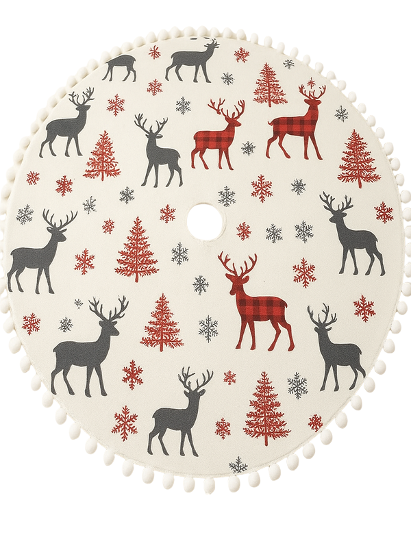 Geyik ve Çam Ağacı Baskılı Kumaş Beyaz Ponponlu, Kurdele Bağlamalı Yılbaşı Ağacı Altlığı (90 Cm Çap) - 2