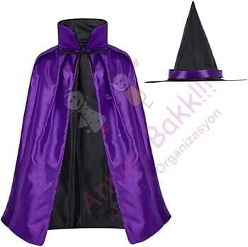 Çift Taraflı Cadı Pelerini ve Şapka Set, Cadılar Bayramı Yetişkin Pelerin Şapka Set