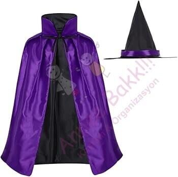 Çift Taraflı Cadı Pelerini ve Şapka Set, Cadılar Bayramı Yetişkin Pelerin Şapka Set