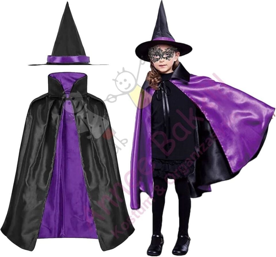 Çift Taraflı Cadı Pelerini ve Şapka Set, Cadılar Bayramı Çocuk Pelerin Şapka Set