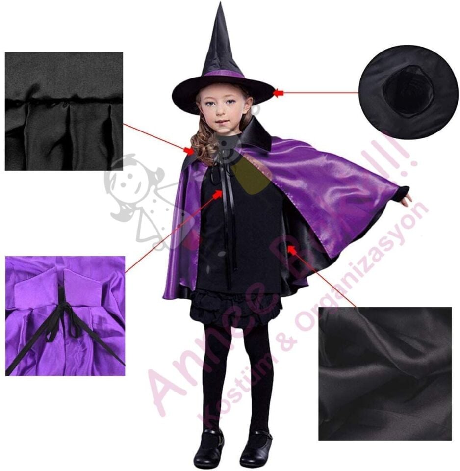 Çift Taraflı Cadı Pelerini ve Şapka Set, Cadılar Bayramı Çocuk Pelerin Şapka Set