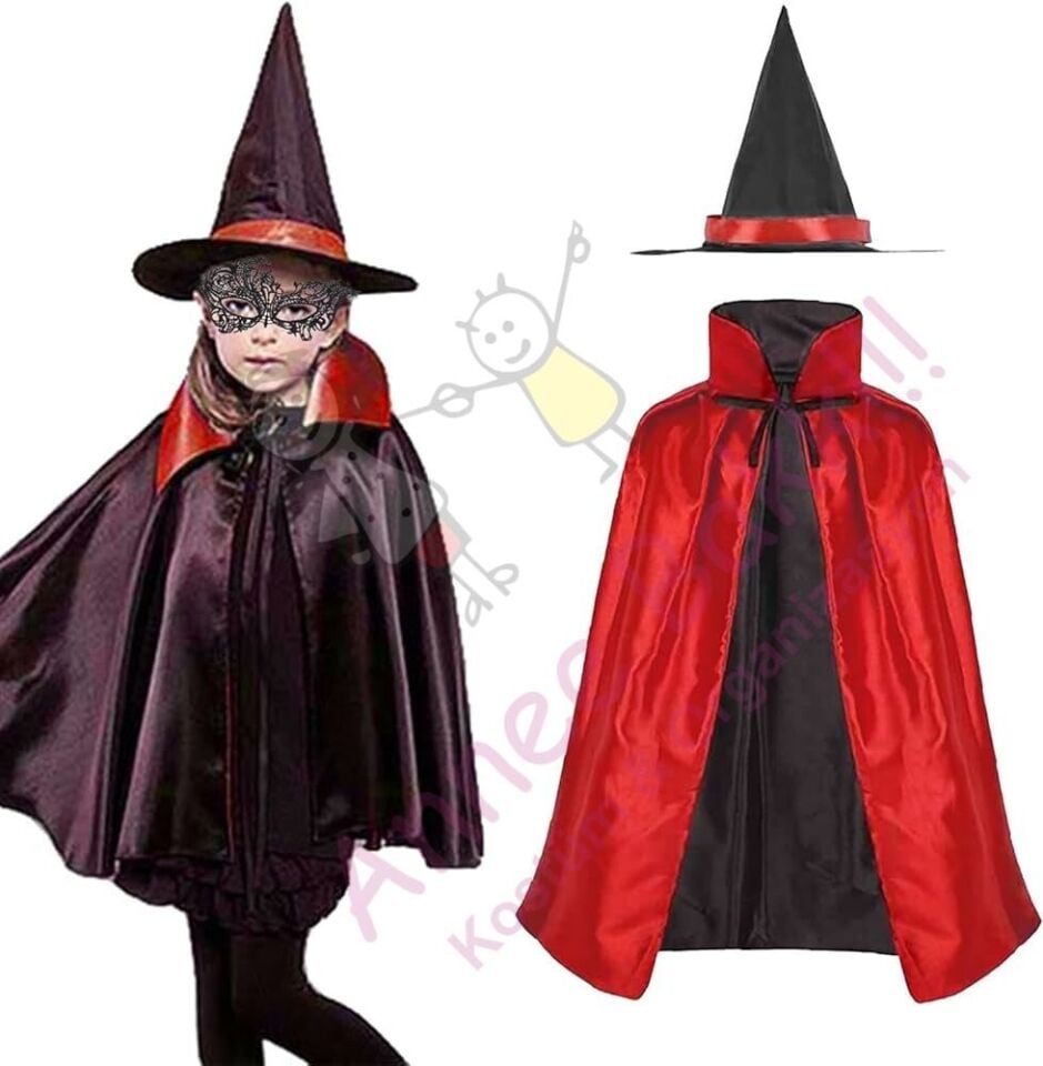 Çift Taraflı Cadı Pelerini ve Şapka Set, Cadılar Bayramı Çocuk Pelerin Şapka Set