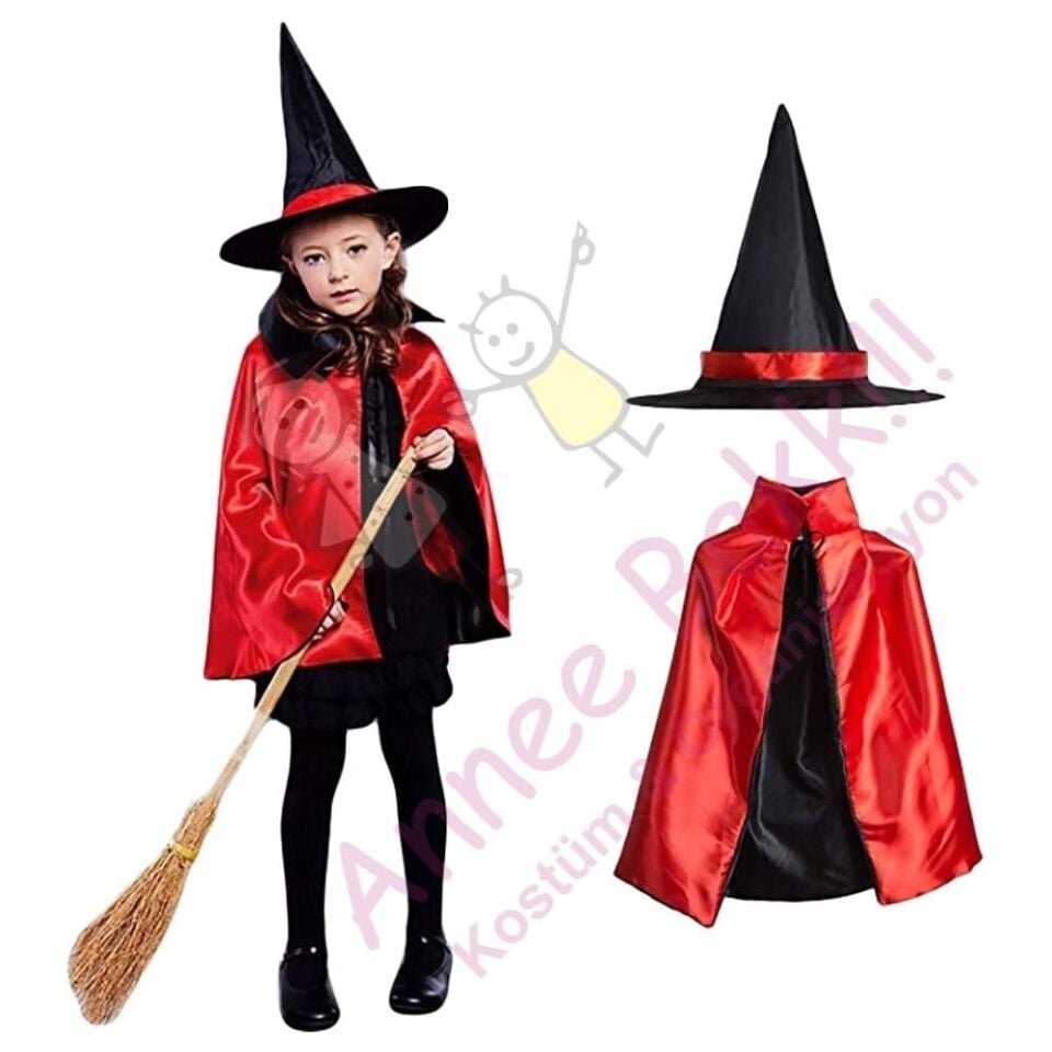 Çift Taraflı Cadı Pelerini ve Şapka Set, Cadılar Bayramı Çocuk Pelerin Şapka Set