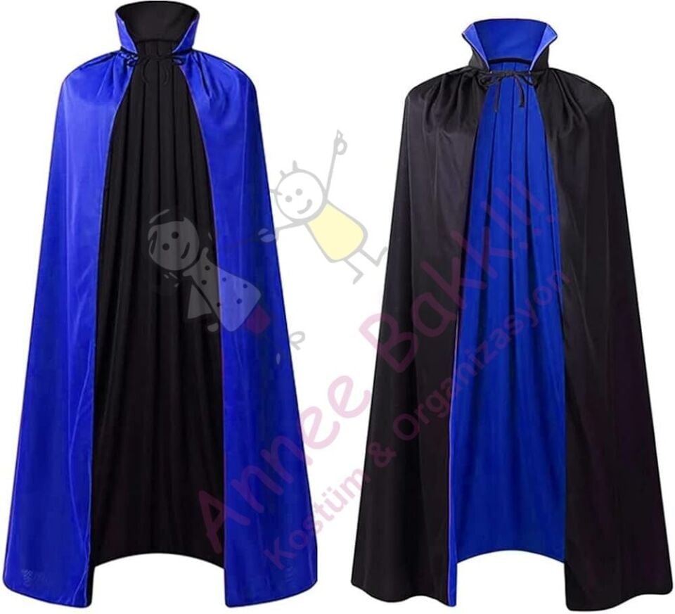Çift Taraflı Dracula Pelerin, Mavi - Siyah Cadılar Bayramı Pelerin