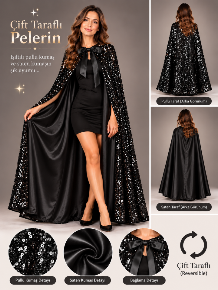 Siyah Pullu Çift Taraflı Yetişkin Pelerin, Halloween Aksesuarları