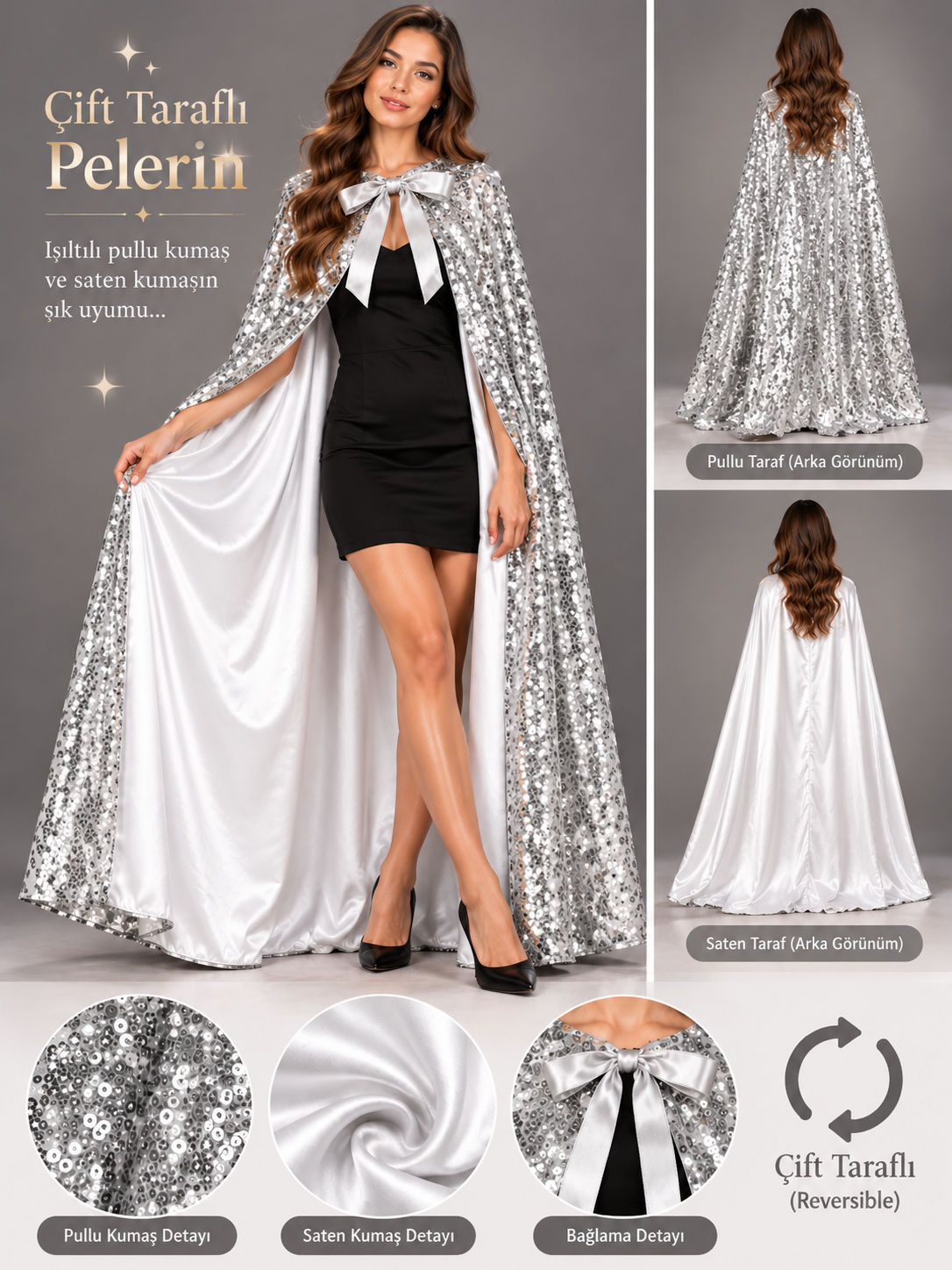 Gümüş Pullu Çift Taraflı Yetişkin Pelerin, Halloween Aksesuarları