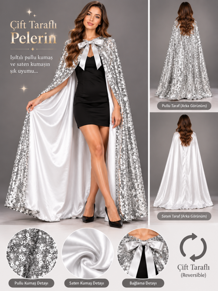 Gümüş Pullu Çift Taraflı Yetişkin Pelerin, Halloween Aksesuarları