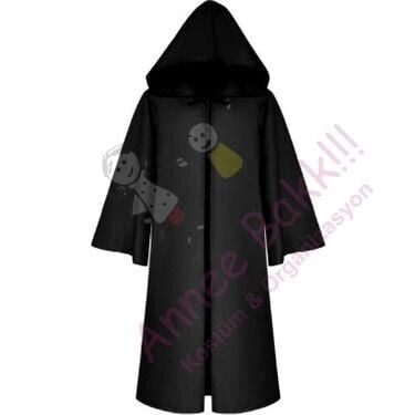 Siyah Renk Kapüşonlu Pelerin Cübbe, Cadılar Bayramı Saten Pelerin, Star Wars Lord Pelerini