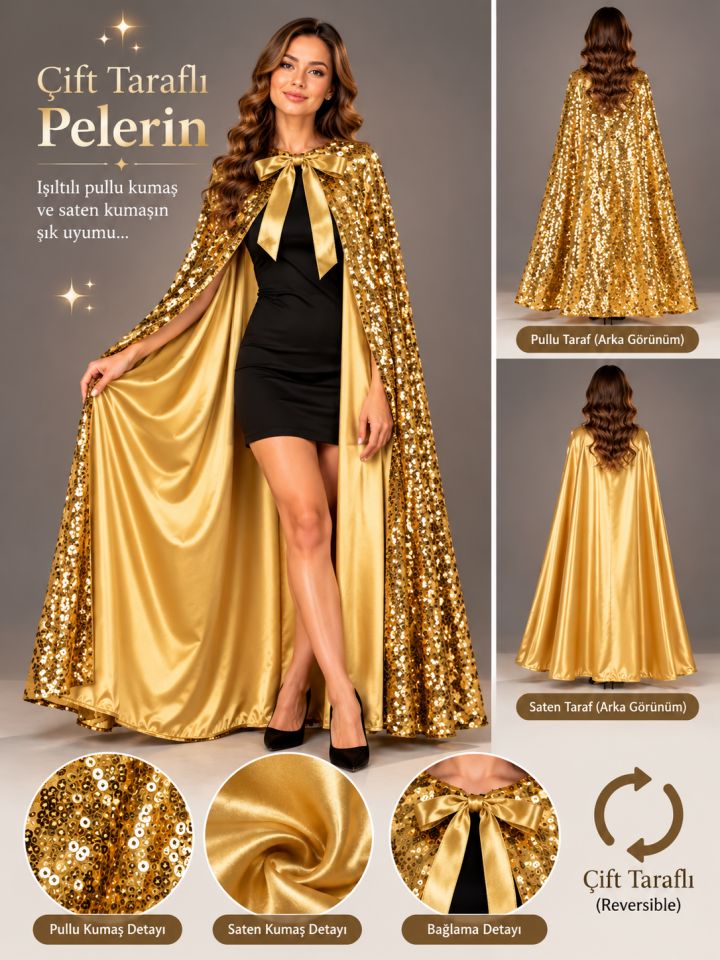 Gold Pullu Çift Taraflı Yetişkin Pelerin, Halloween Aksesuarları