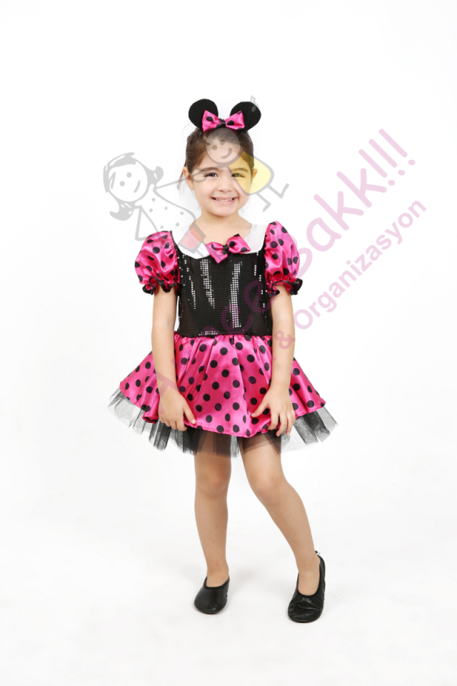 Pembe Renk Minnie Mouse Kostümü, Puantiyeli Minnie Mouse Kız Çocuk Kostümü, Minik Fare Kostümü