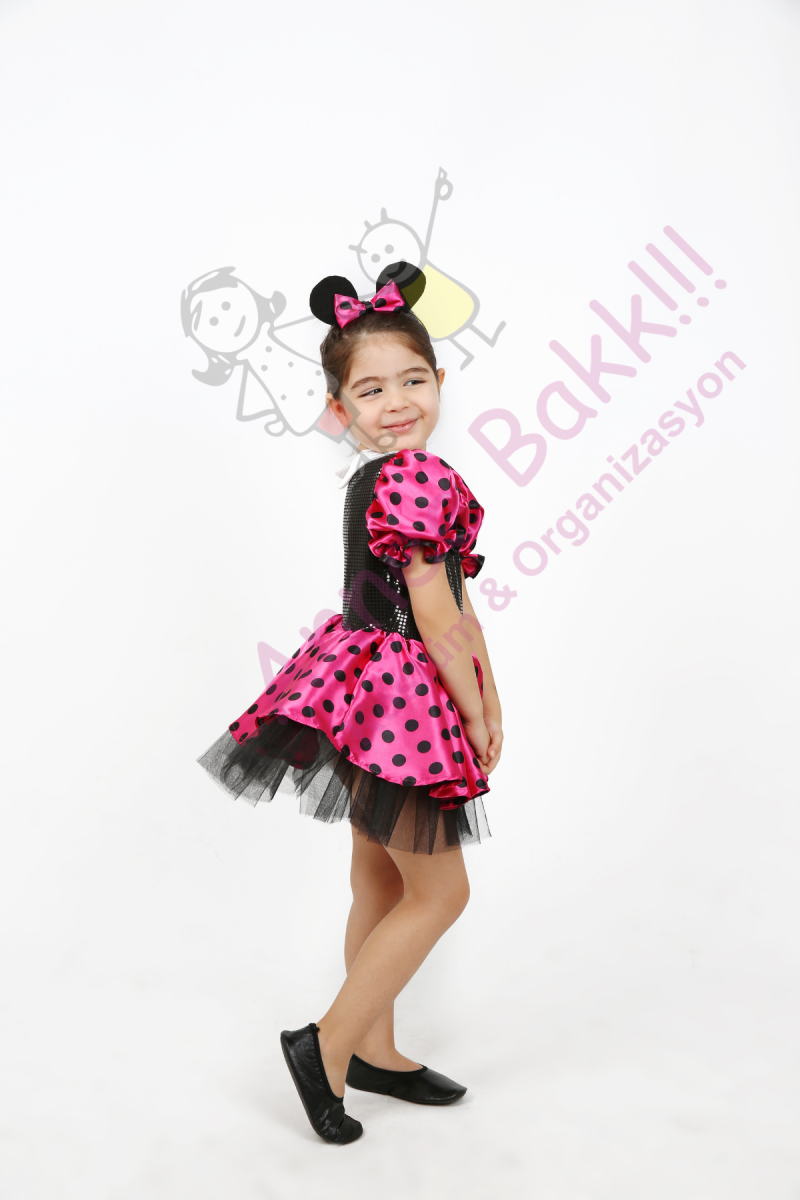 Pembe Renk Minnie Mouse Kostümü, Puantiyeli Minnie Mouse Kız Çocuk Kostümü, Minik Fare Kostümü