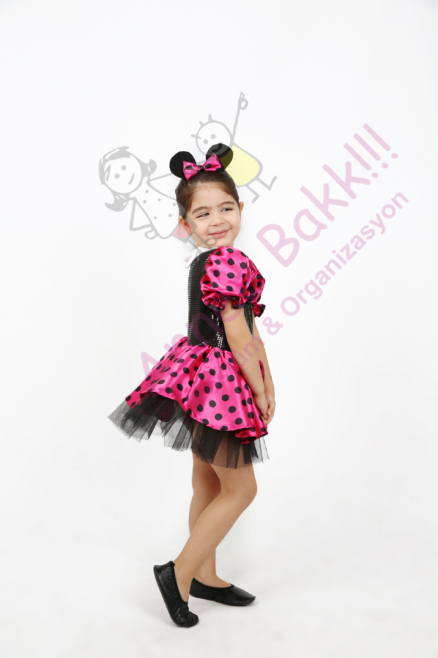 Pembe Renk Minnie Mouse Kostümü, Puantiyeli Minnie Mouse Kız Çocuk Kostümü, Minik Fare Kostümü