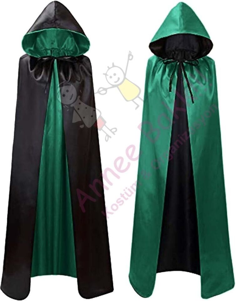 Çift Taraflı Kapüşonlu Pelerin, Yeşil - Siyah Cadılar Bayramı Pelerin, Hızlı Kargo