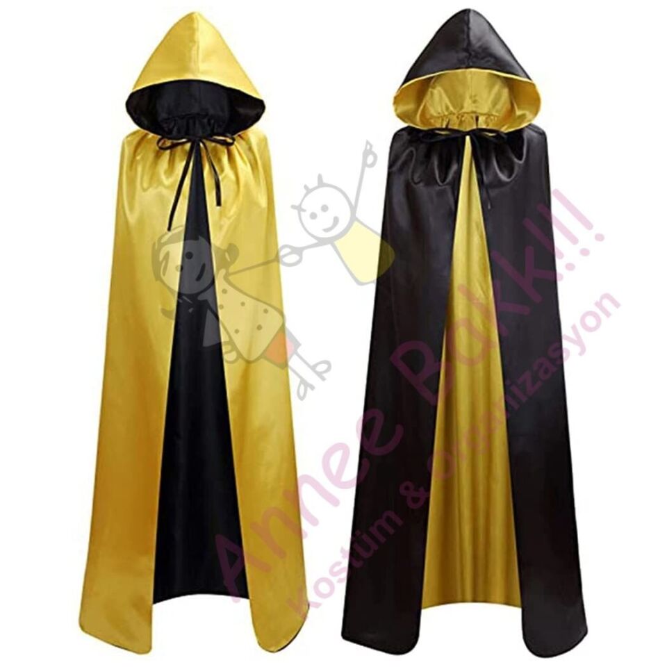 Çift Taraflı Kapüşonlu Sarı - Siyah Pelerin, Cadılar Bayramı Pelerin