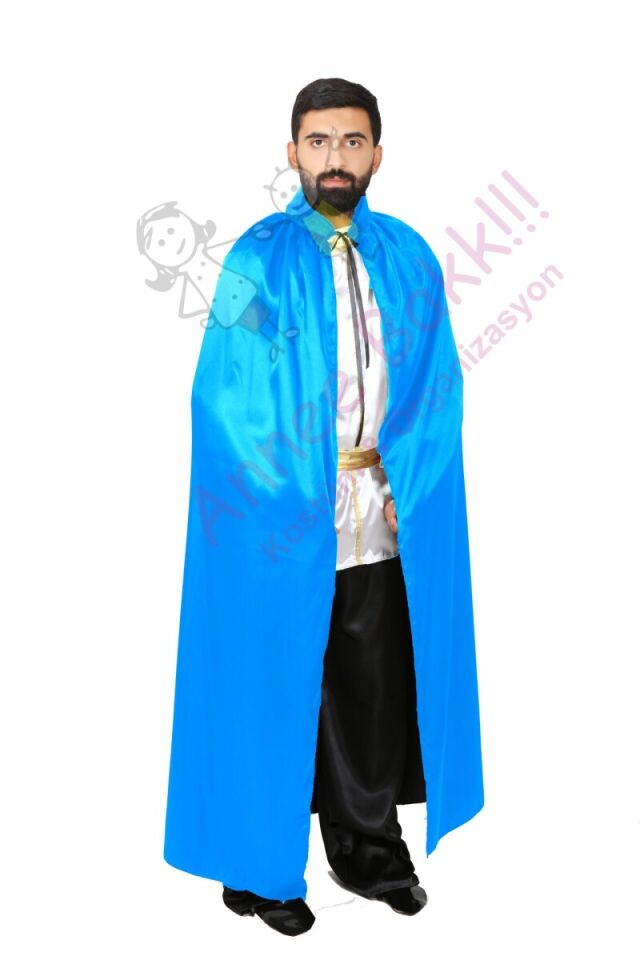 110 Cm Yakalı Mavi Renk Pelerin, Saten Kumaş Kostüm Pelerini