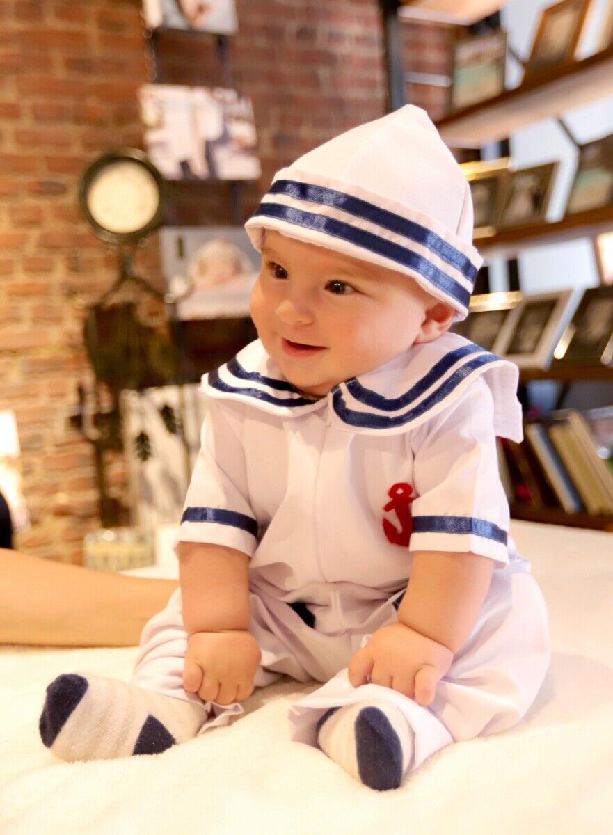 Denizci Bebek Kostümü, Beyaz Renk Mavi Çizgi Detay Denizci Kıyafeti, Hızlı Kargo