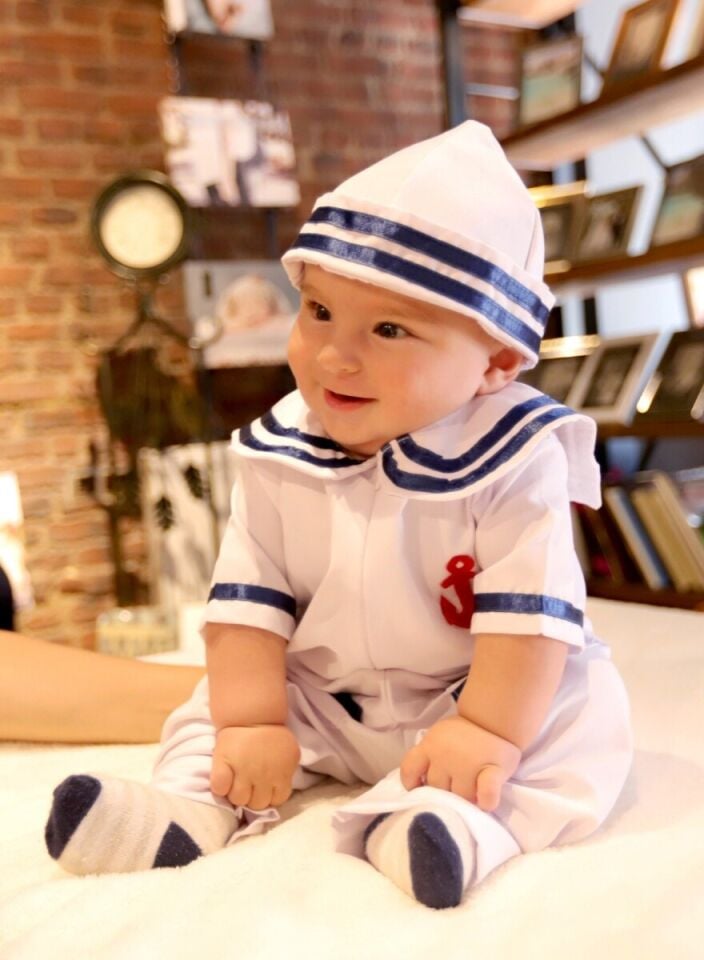 Denizci Bebek Kostümü, Beyaz Renk Mavi Çizgi Detay Denizci Kıyafeti, Hızlı Kargo