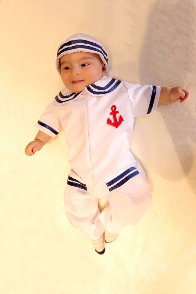 Denizci Bebek Kostümü, Beyaz Renk Mavi Çizgi Detay Denizci Kıyafeti, Hızlı Kargo