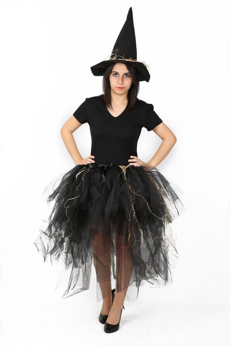 Siyah Renk Tütü Model Yetişkin Cadı Eteği, Cadı Kadın Etek ve Şapkası, Cadılar Bayramı Aksesuarları