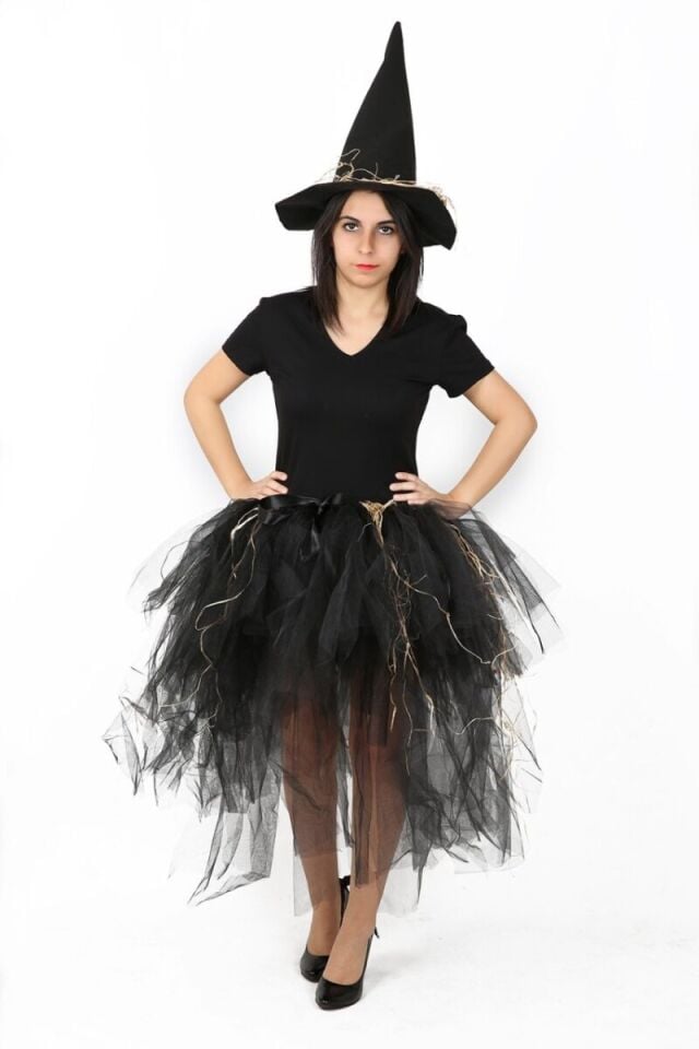 Siyah Renk Tütü Model Yetişkin Cadı Eteği, Cadı Kadın Etek ve Şapkası, Cadılar Bayramı Aksesuarları, Hızlı Kargo