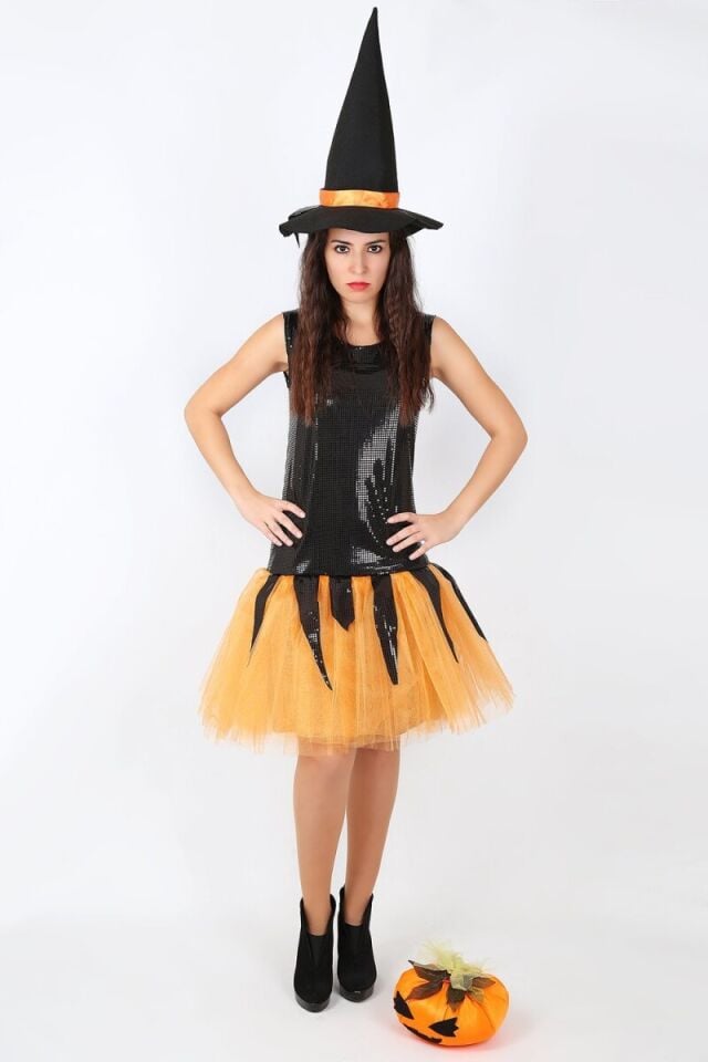 Turuncu Renk Tütü Cadı Kostümü, Cadılar Bayramı Tütülü Cadı Kıyafeti