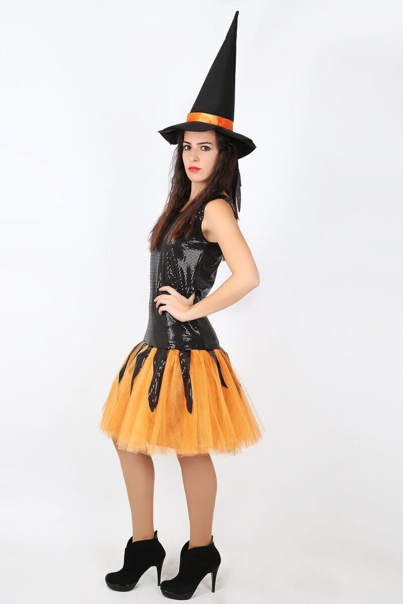 Turuncu Renk Tütü Cadı Kostümü, Cadılar Bayramı Tütülü Cadı Kıyafeti, Hızlı Kargo