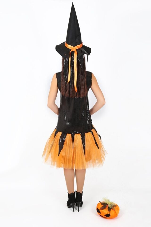 Turuncu Renk Tütü Cadı Kostümü, Cadılar Bayramı Tütülü Cadı Kıyafeti, Hızlı Kargo