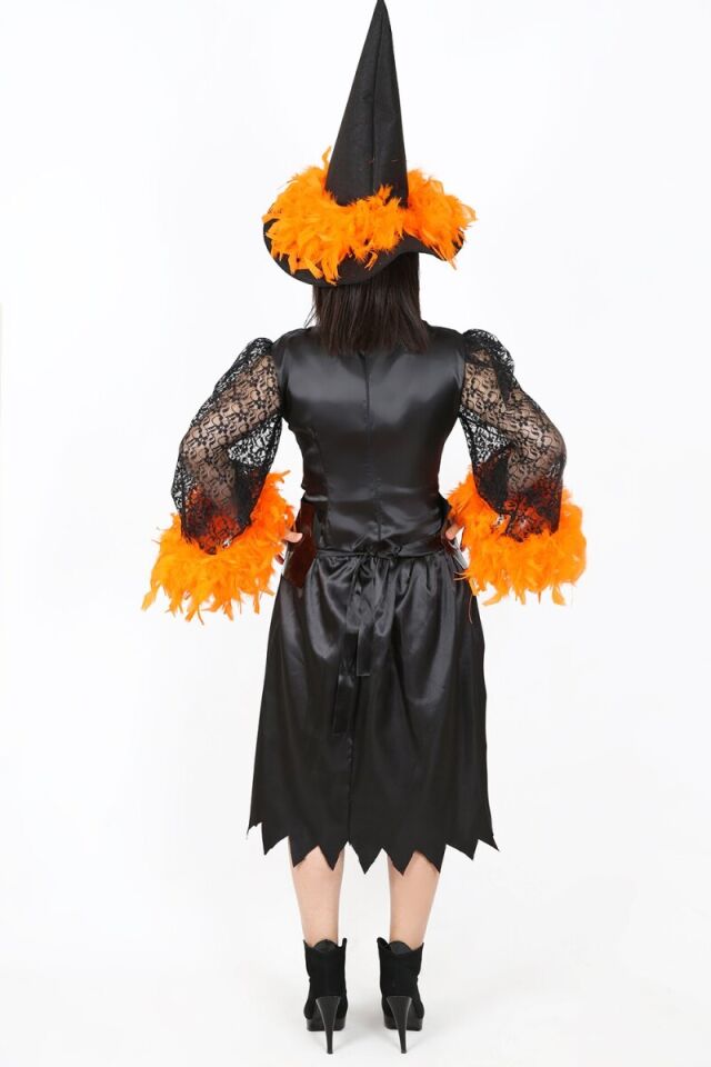 Turuncu Tüylü Cadı Kostüm, Cadı Kostüm Takımı, Cadılar Bayramı Cadı Kıyafeti