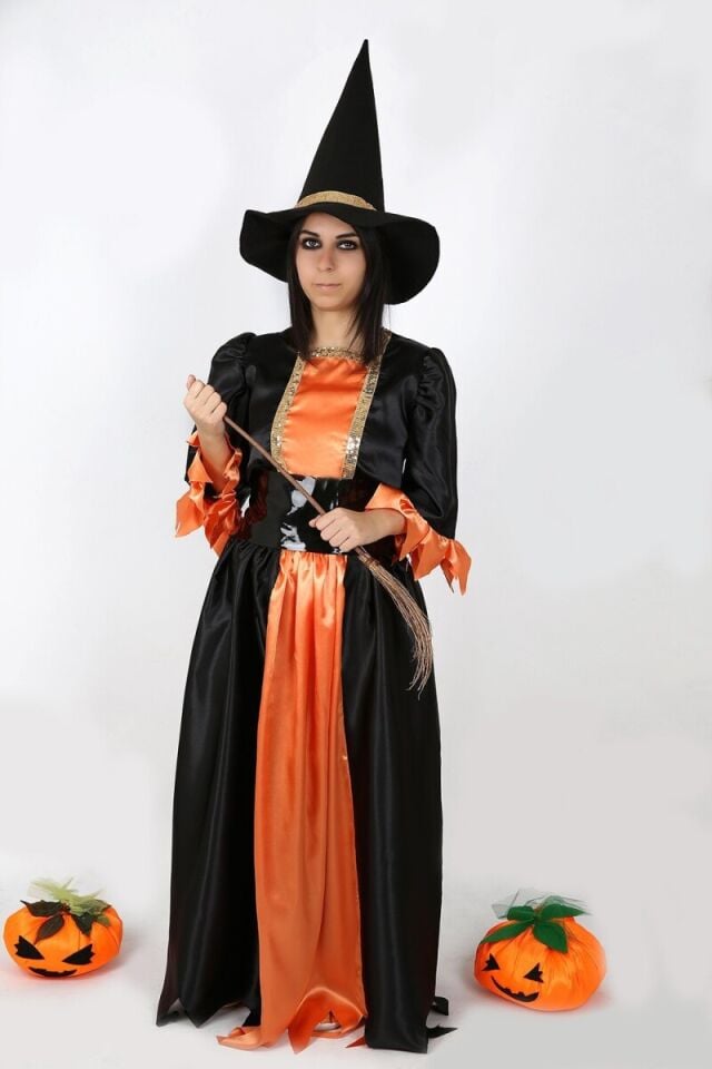 Turuncu - Siyah Renk Cadı Kostüm, Cadı Kostüm Takımı, Cadılar Bayramı Cadı Kıyafeti, Hızlı Kargo