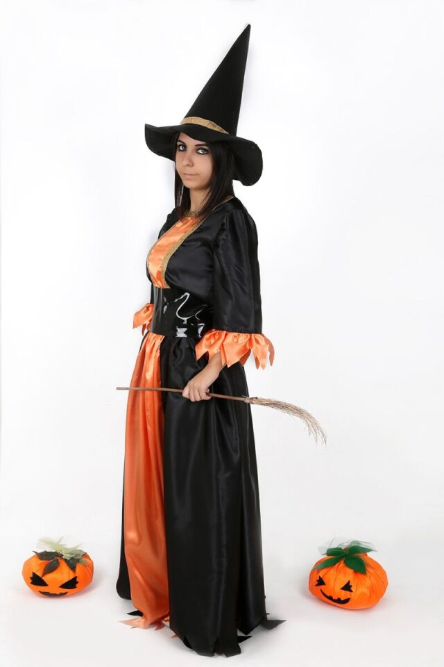 Turuncu - Siyah Renk Cadı Kostüm, Cadı Kostüm Takımı, Cadılar Bayramı Cadı Kıyafeti