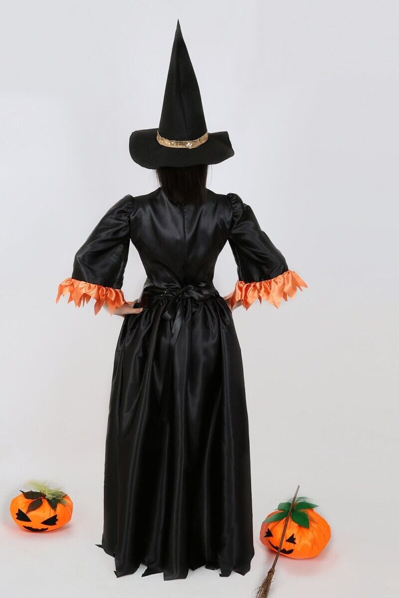 Turuncu - Siyah Renk Cadı Kostüm, Cadı Kostüm Takımı, Cadılar Bayramı Cadı Kıyafeti, Hızlı Kargo