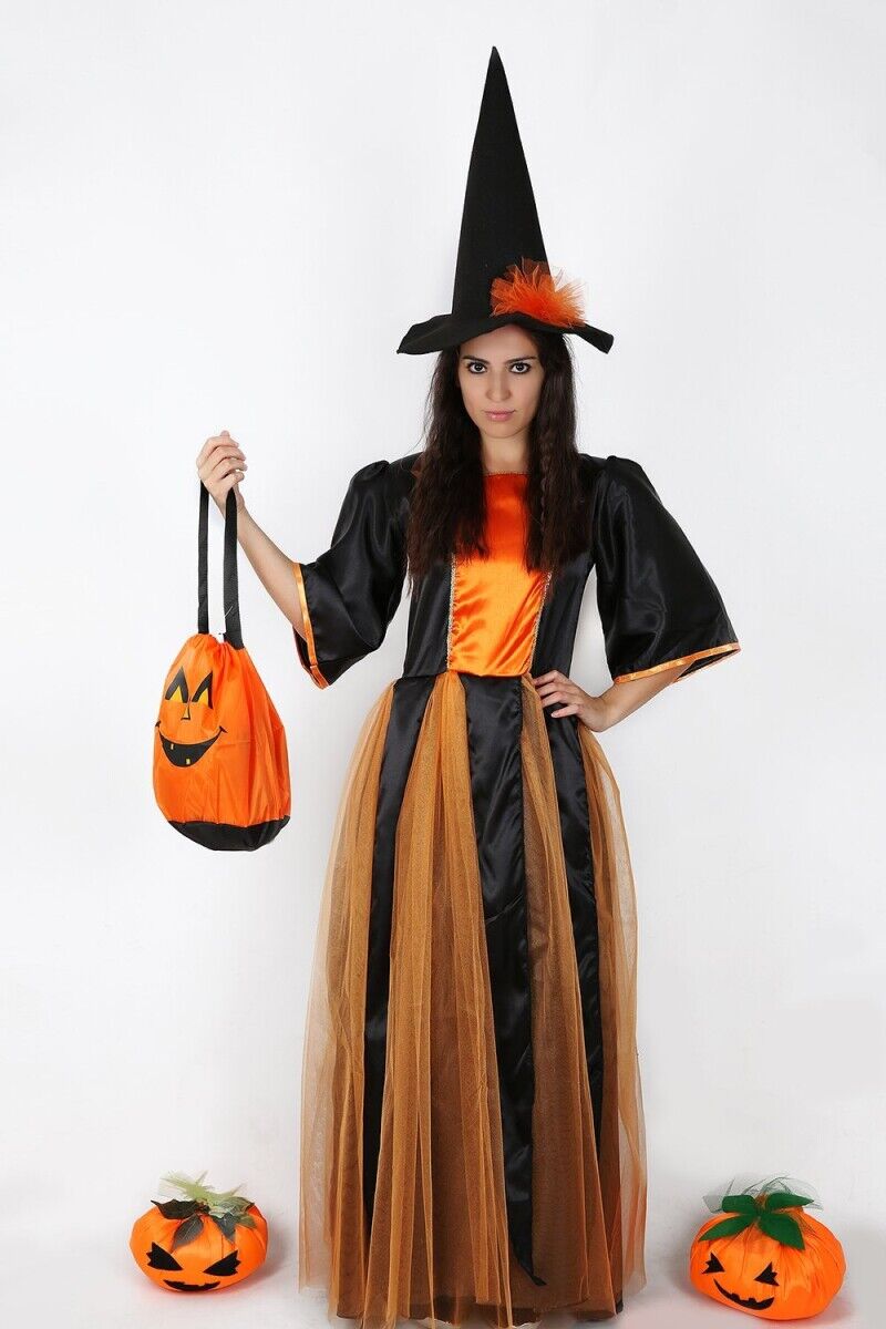Tüllü Cadı Kostümü, Turuncu Renk Yetişkin Cadı Kostümü, Hızlı Kargo