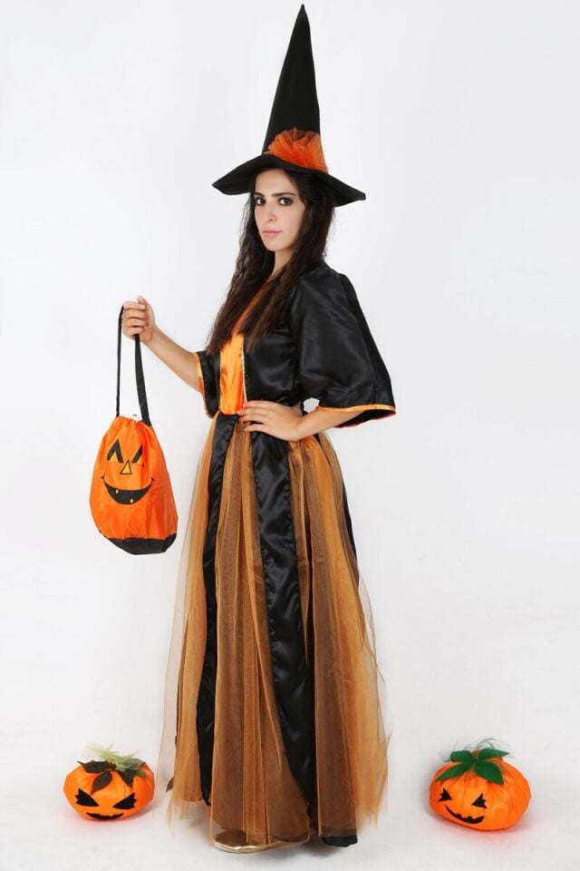 Tüllü Cadı Kostümü, Turuncu Renk Yetişkin Cadı Kostümü, Hızlı Kargo