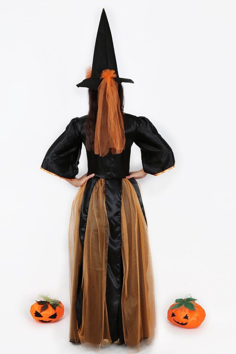 Tüllü Cadı Kostümü, Turuncu Renk Yetişkin Cadı Kostümü