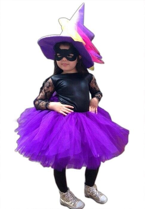 Mor Renk Küçük Cadı Kostümü, Tütülü Cadı Kostümü, Minik Cadı Kıyafeti
