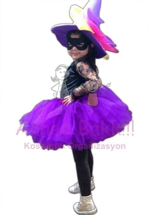 Mor Renk Küçük Cadı Kostümü, Tütülü Cadı Kostümü, Minik Cadı Kıyafeti, Hızlı Kargo