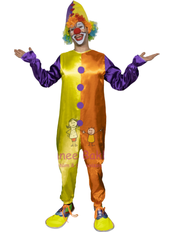 Kukuletalı Tulum Palyaço Kostümü, Yetişkin Çok Renkli Palyaço Kıyafeti