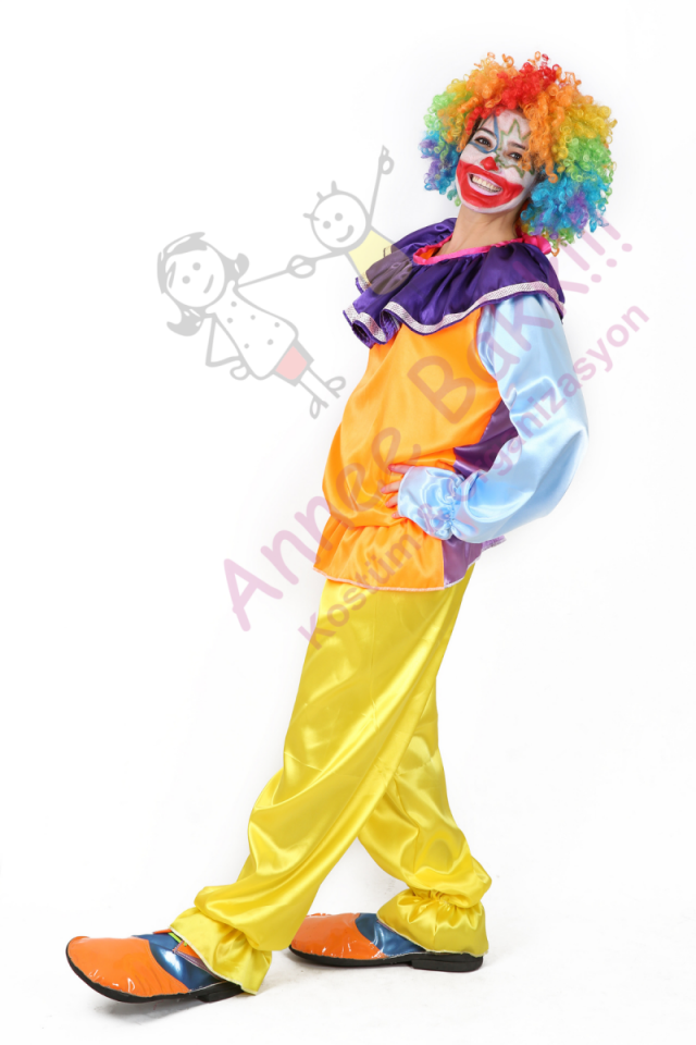 İkili Takım Yetişkin Palyaço Kostümü, Çok Renkli Palyaço Kıyafeti