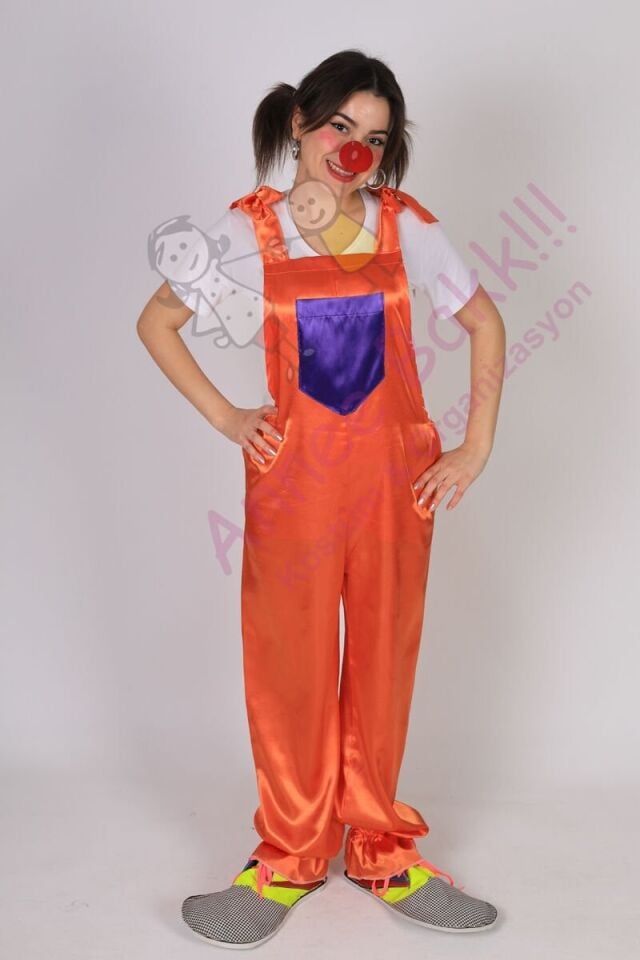 Turuncu Salopet Palyaço Kostümü, Yetişkinler İçin Askılı Palyaço Kıyafeti