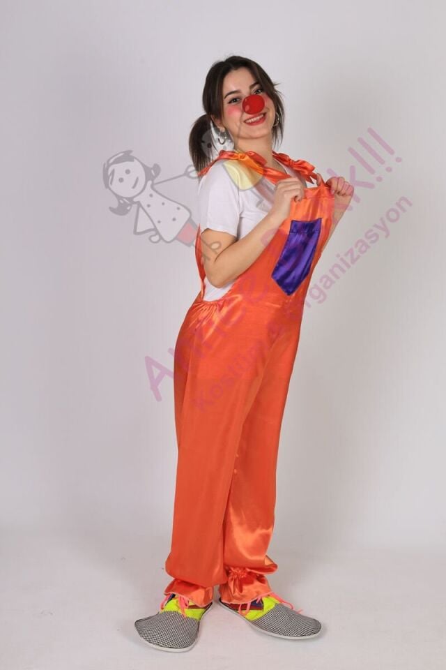 Turuncu Salopet Palyaço Kostümü, Yetişkinler İçin Askılı Palyaço Kıyafeti, Hızlı Kargo