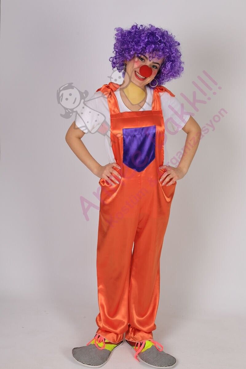 Bahçıvan Model Yetişkin Palyaço Kostümü, Turunu Renk Askılı Palyaço Kıyafeti