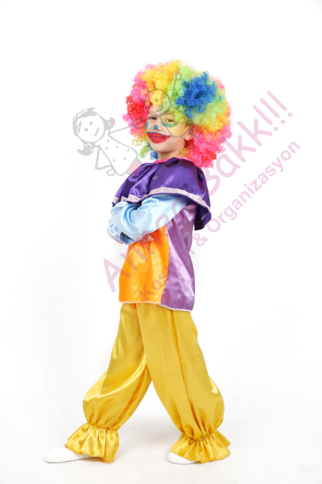 Alt-Üst Takım Çocuk Palyaço Kostümü, Saten Kumaş Çocuk Palyaço Kıyafeti, Hızlı Kargo