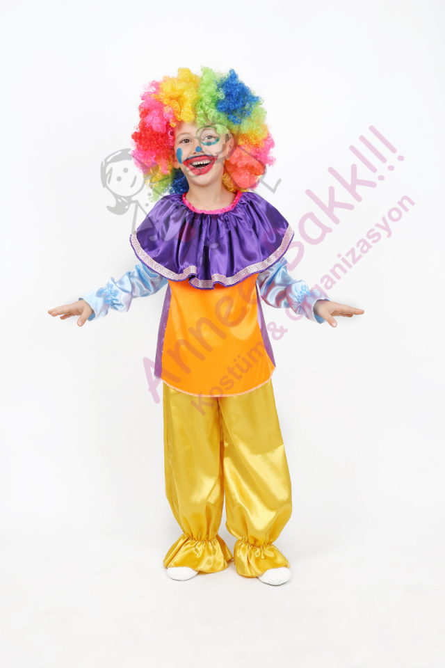 Alt-Üst Takım Çocuk Palyaço Kostümü, Saten Kumaş Çocuk Palyaço Kıyafeti