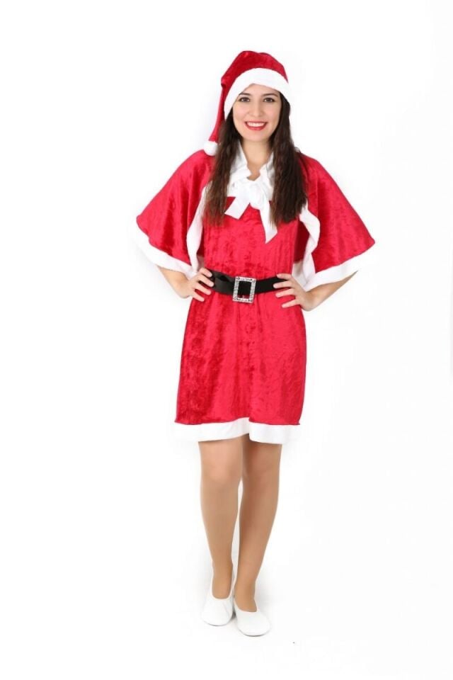 Pelerinli Straplez Noel Anne Kostümü, Kadife Kumaş Yılbaşı Noel Anne Kostümü